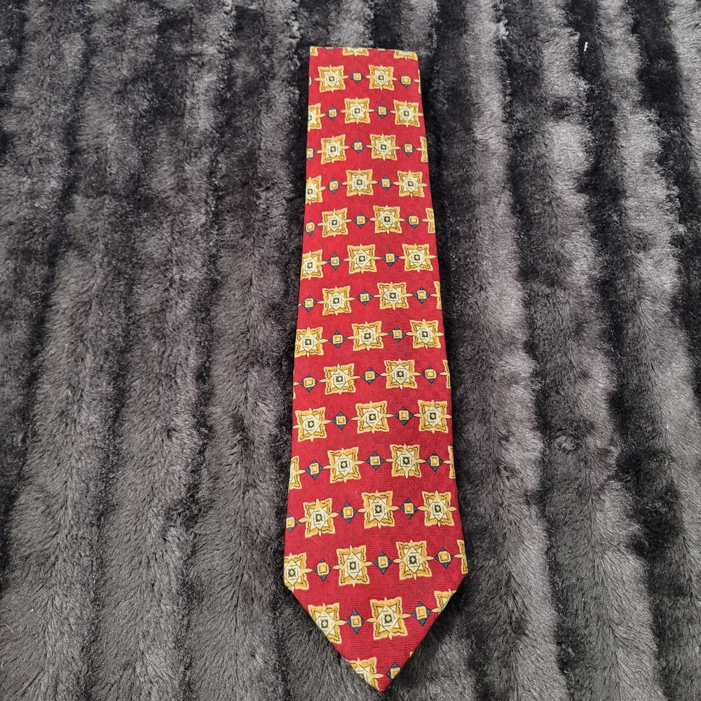 Parisian Signature Mens Red Geometric Medallion Silk Necktie Made in USA